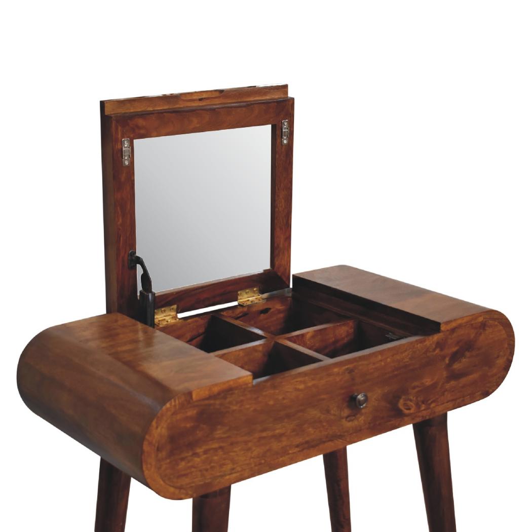 Mini Round Fold Vanity Table | Chestnut Finish | Space-Saving Mirror Design