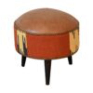 Mixed Durrie & Leather Footstool | Textured Upholstery | Artisan Accent Seating