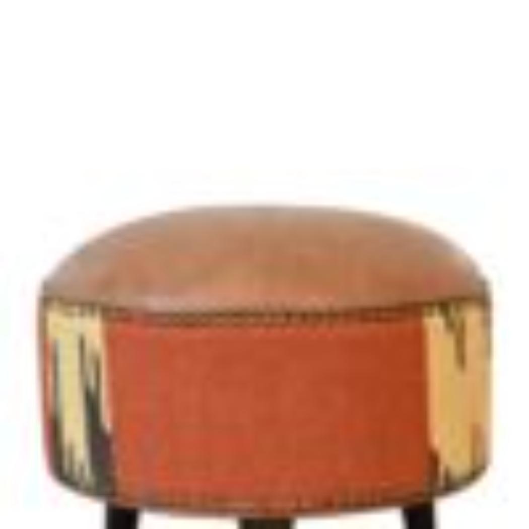 Mixed Durrie & Leather Footstool | Textured Upholstery | Artisan Accent Seating