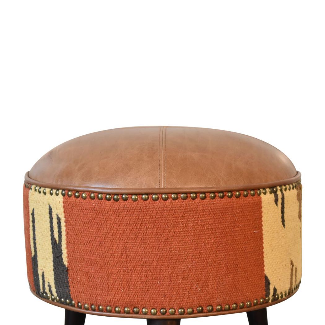Mixed Durrie & Leather Footstool | Textured Upholstery | Artisan Accent Seating