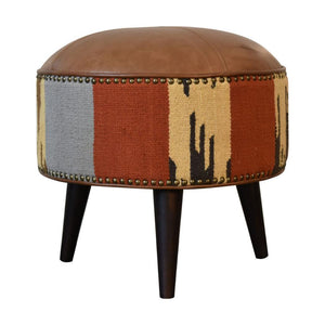 Mixed Durrie & Leather Footstool | Textured Upholstery | Artisan Accent Seating