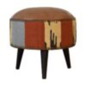 Mixed Durrie & Leather Footstool | Textured Upholstery | Artisan Accent Seating