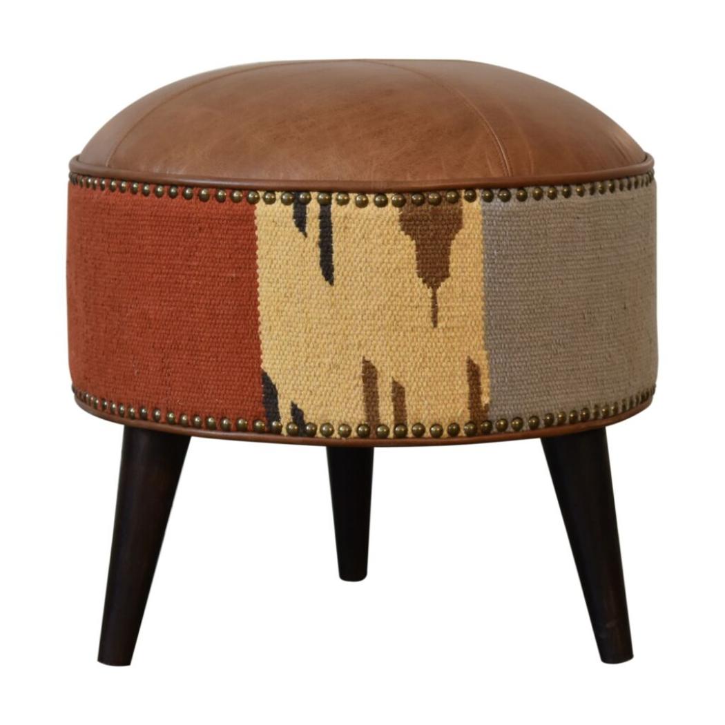 Mixed Durrie & Leather Footstool | Textured Upholstery | Artisan Accent Seating