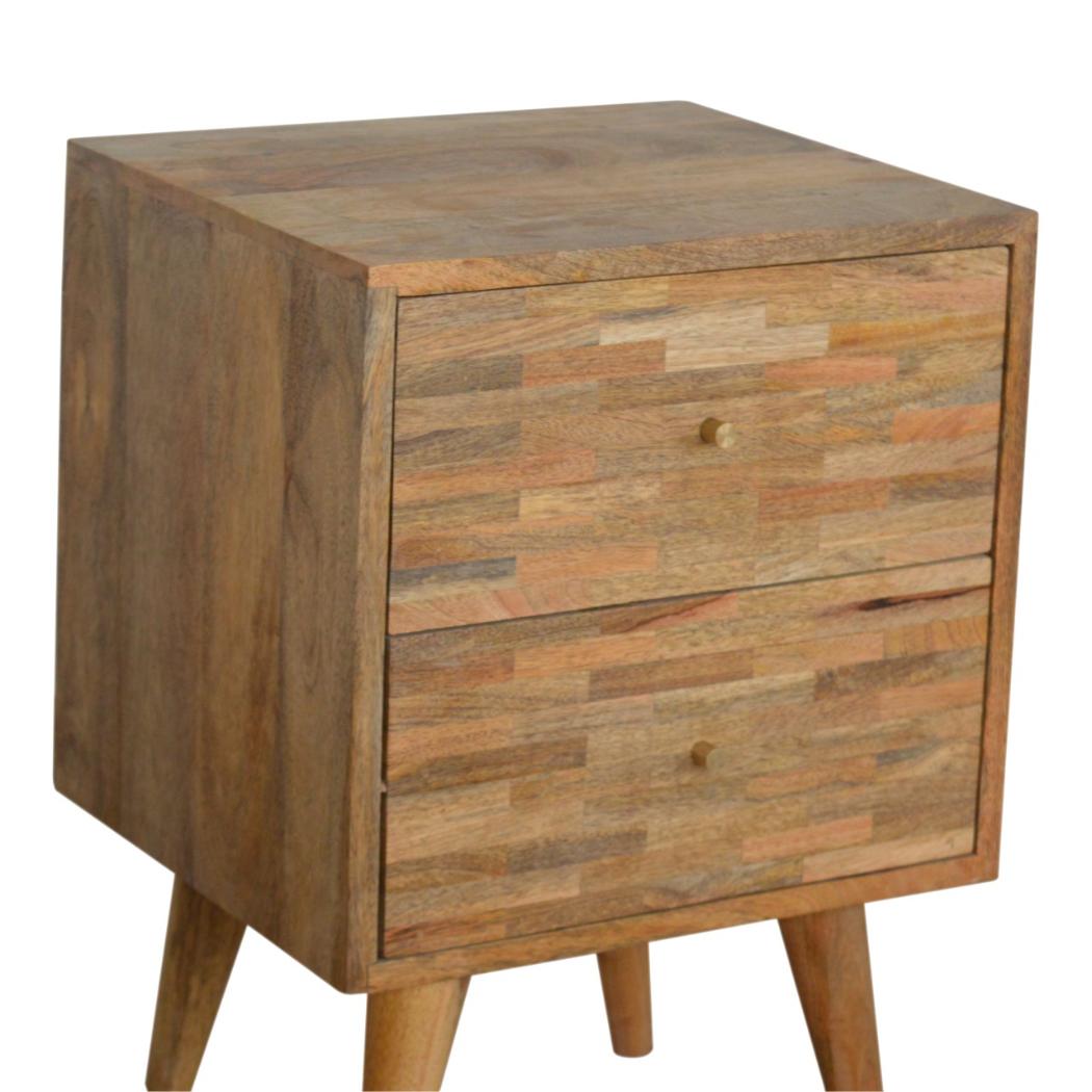 Mixed Finish Bedside Table | Solid Mango Wood | Handcrafted Pattern | Bedroom Storage