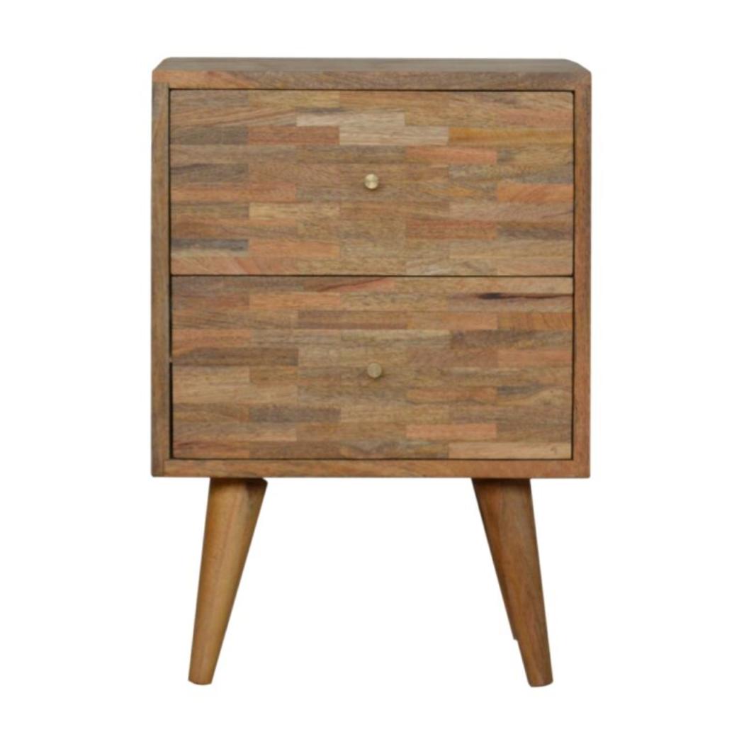 Mixed Finish Bedside Table | Solid Mango Wood | Handcrafted Pattern | Bedroom Storage