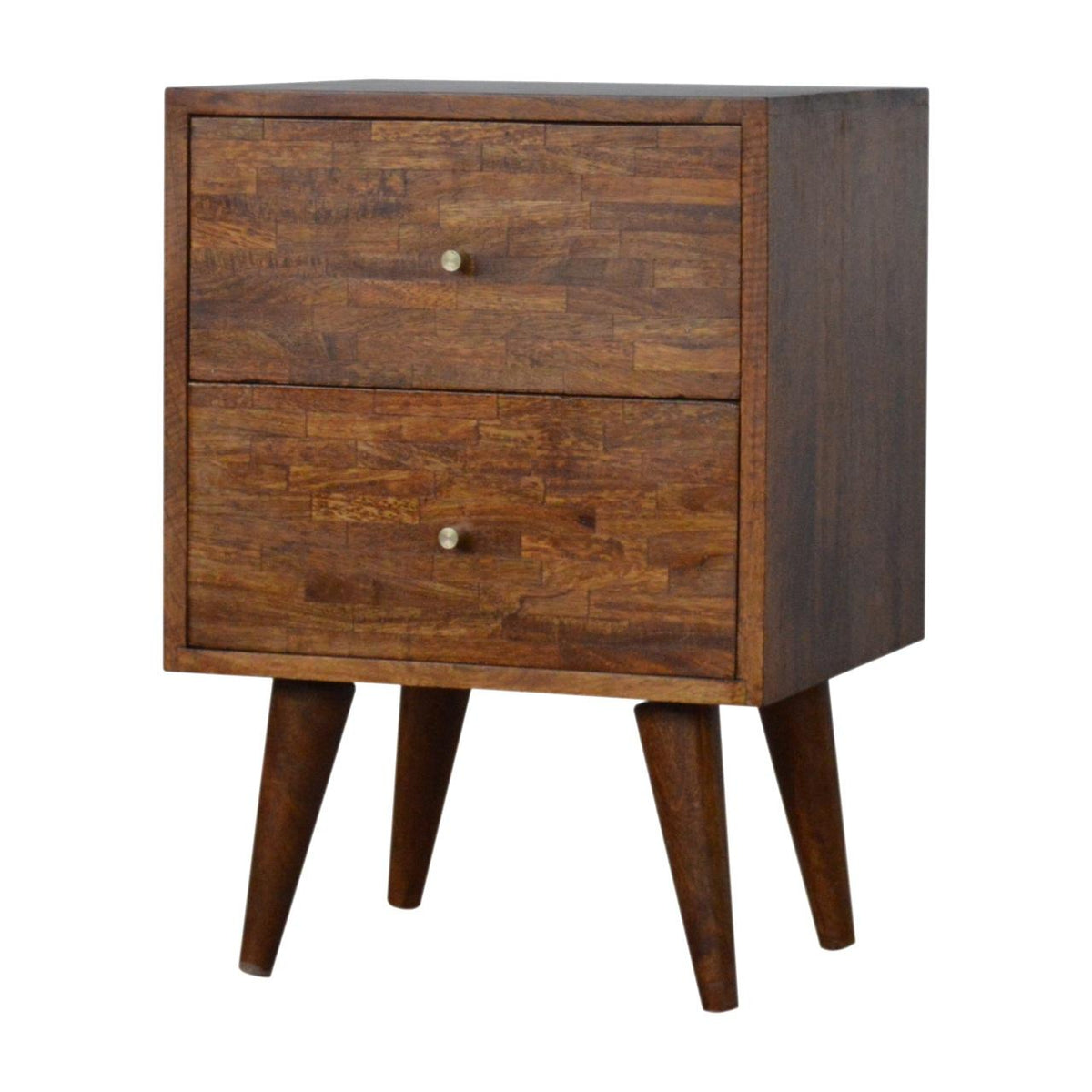 Mixed Pattern Bedside Table | Solid Mango Wood | Chestnut Finish | Artisan Nightstand