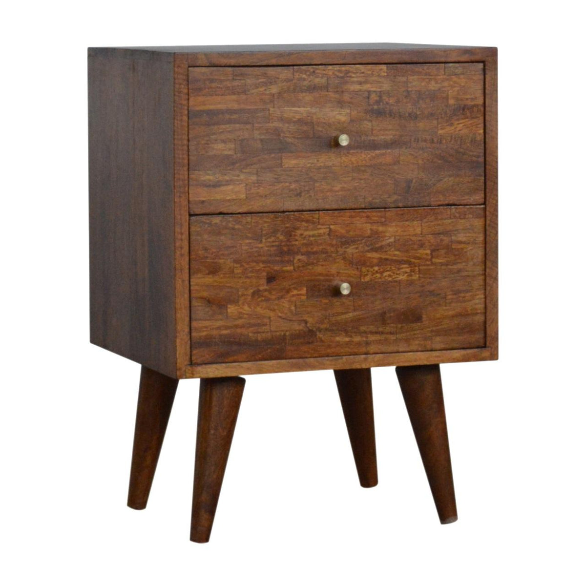 Mixed Pattern Bedside Table | Solid Mango Wood | Chestnut Finish | Artisan Nightstand