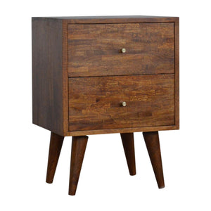 Mixed Pattern Bedside Table | Solid Mango Wood | Chestnut Finish | Artisan Nightstand