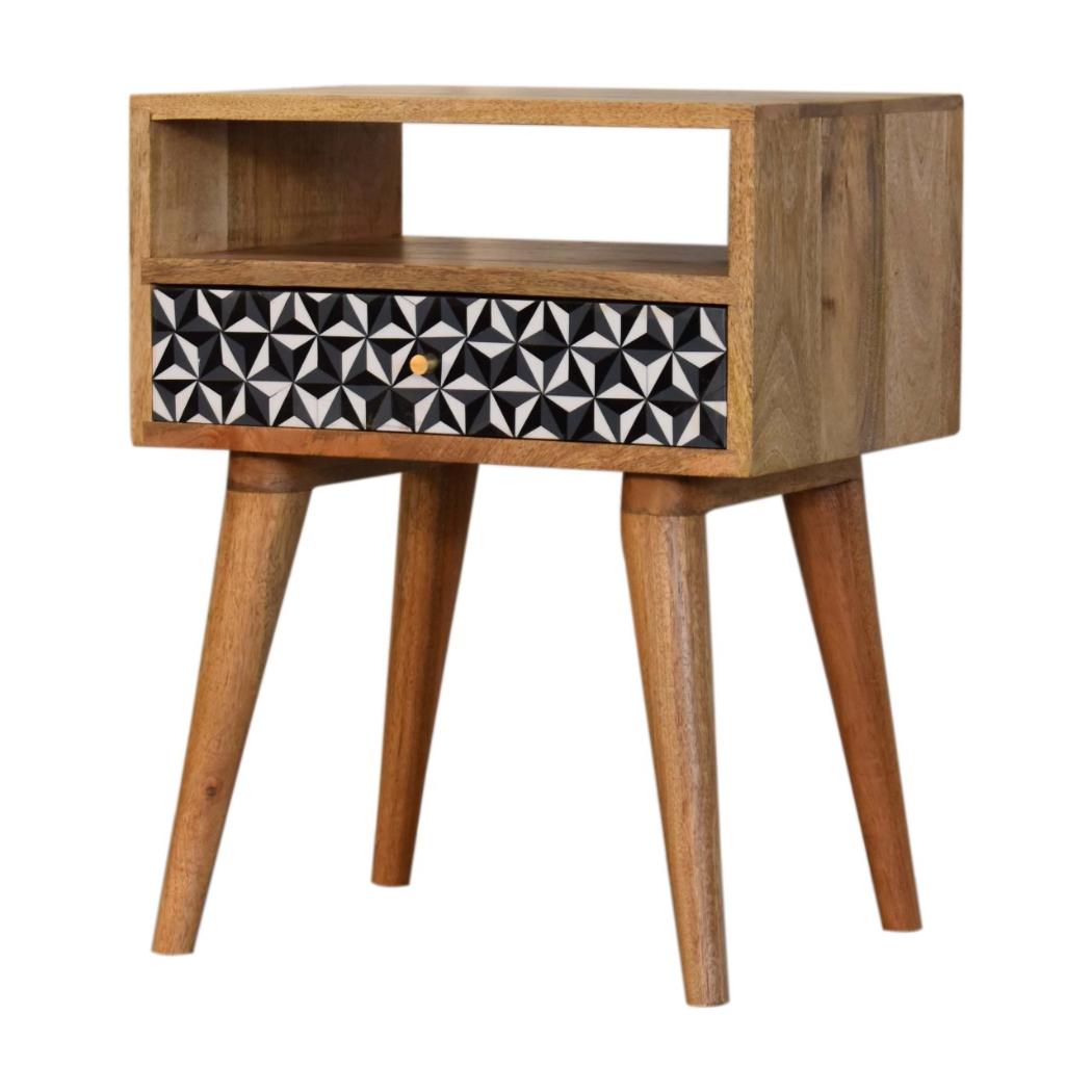 Mosaic Bedside Table | Solid Mango Wood | Oak Finish | 1 Drawer Nightstand with Open Shelf