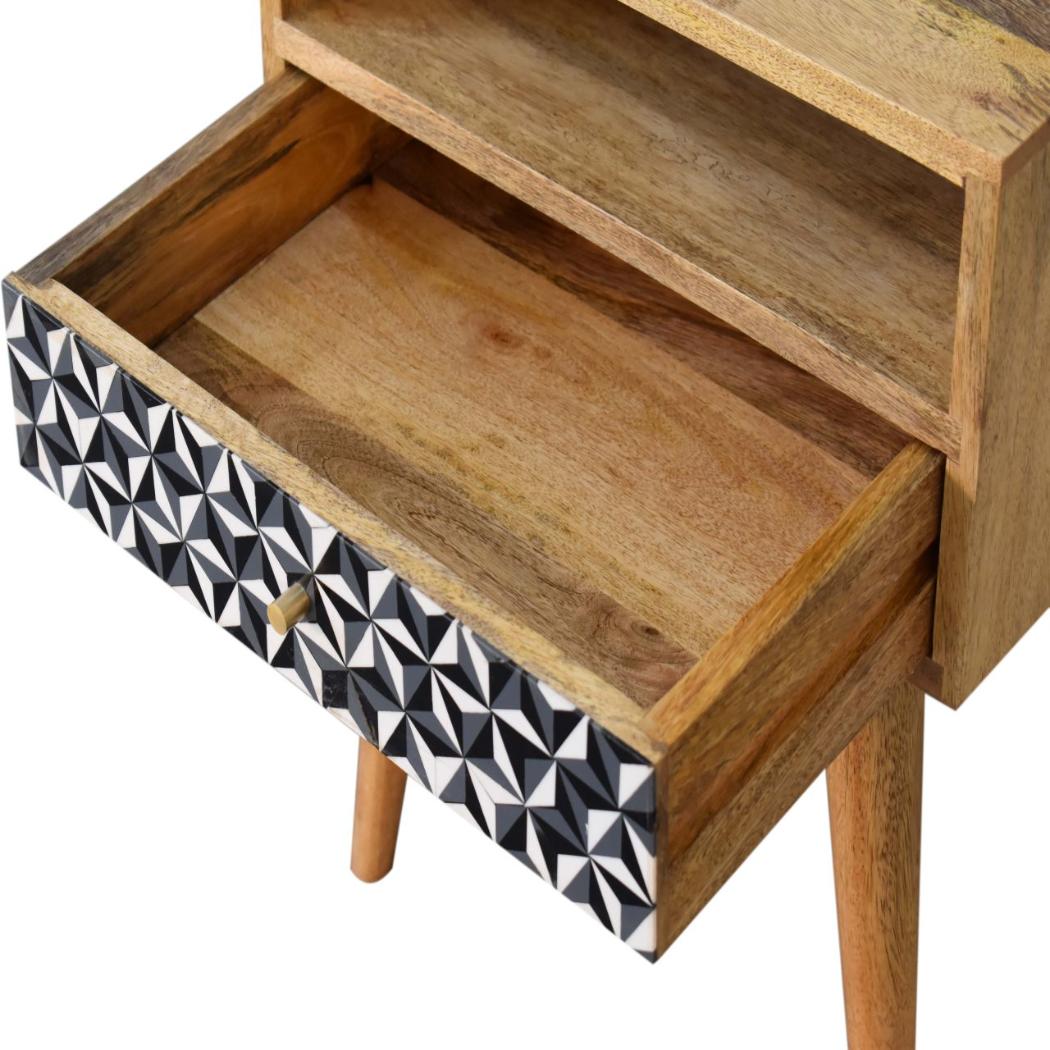 Mosaic Bedside Table | Solid Mango Wood | Oak Finish | 1 Drawer Nightstand with Open Shelf