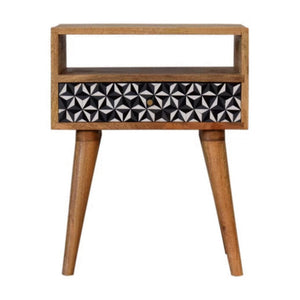 Mosaic Bedside Table | Solid Mango Wood | Oak Finish | 1 Drawer Nightstand with Open Shelf
