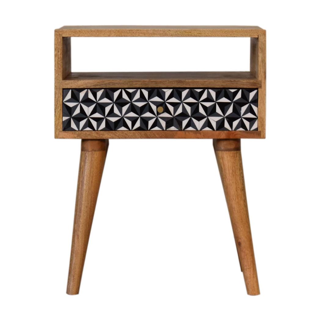Mosaic Bedside Table | Solid Mango Wood | Oak Finish | 1 Drawer Nightstand with Open Shelf