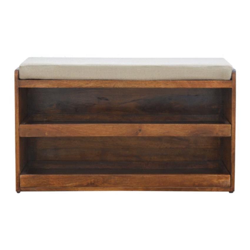 Mud Linen Shoe Storage Bench | 2 Pull-Out Compartments | Mango Wood