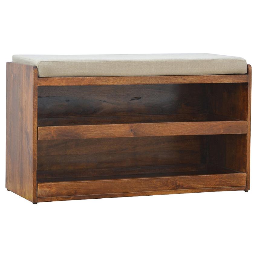 Mud Linen Shoe Storage Bench | 2 Pull-Out Compartments | Mango Wood
