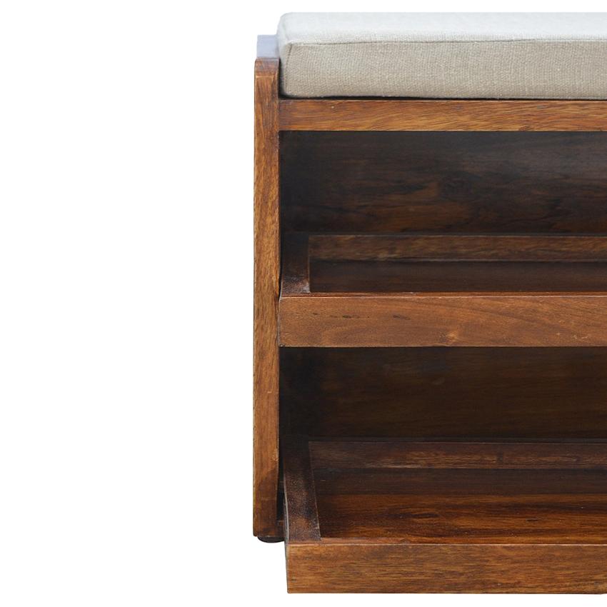 Mud Linen Shoe Storage Bench | 2 Pull-Out Compartments | Mango Wood