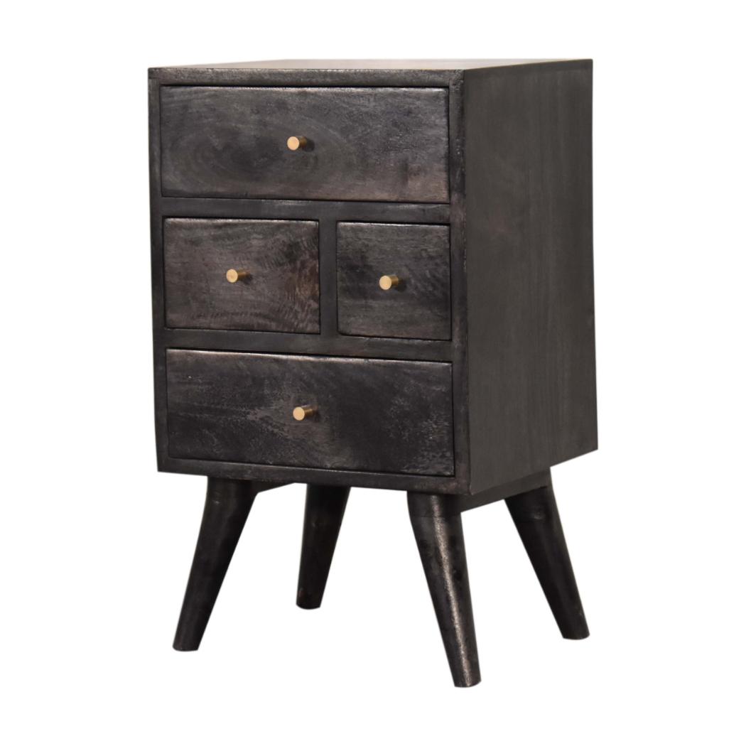 Multi-Drawer Ash Black Bedside Table | Solid Mango Wood | 4 Drawers | Nordic Style