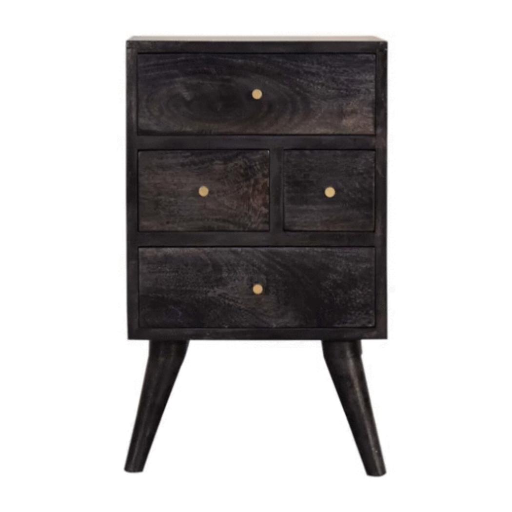 Multi-Drawer Ash Black Bedside Table | Solid Mango Wood | 4 Drawers | Nordic Style