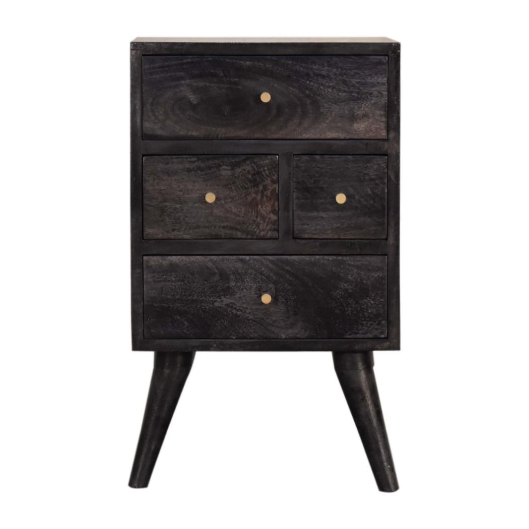 Multi-Drawer Ash Black Bedside Table | Solid Mango Wood | 4 Drawers | Nordic Style
