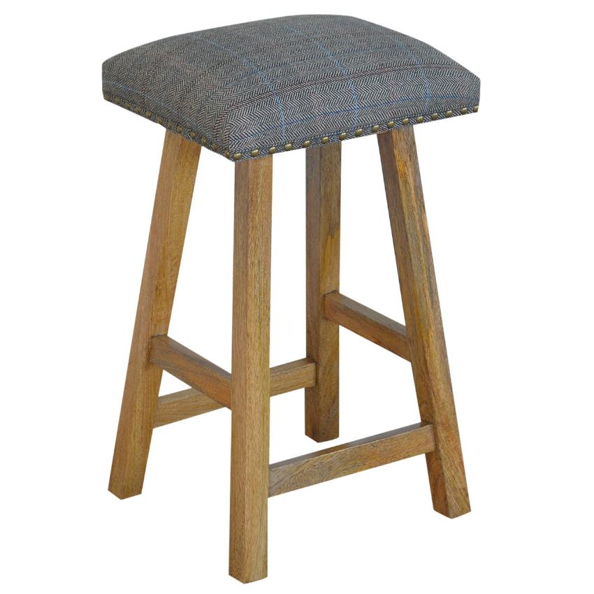 Multi Tweed Bar Stool | Solid Mango Wood | Oak Finish | Upholstered Kitchen Stool