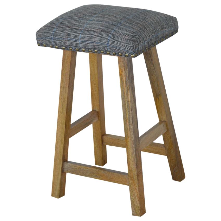 Multi Tweed Bar Stool | Solid Mango Wood | Oak Finish | Upholstered Kitchen Stool