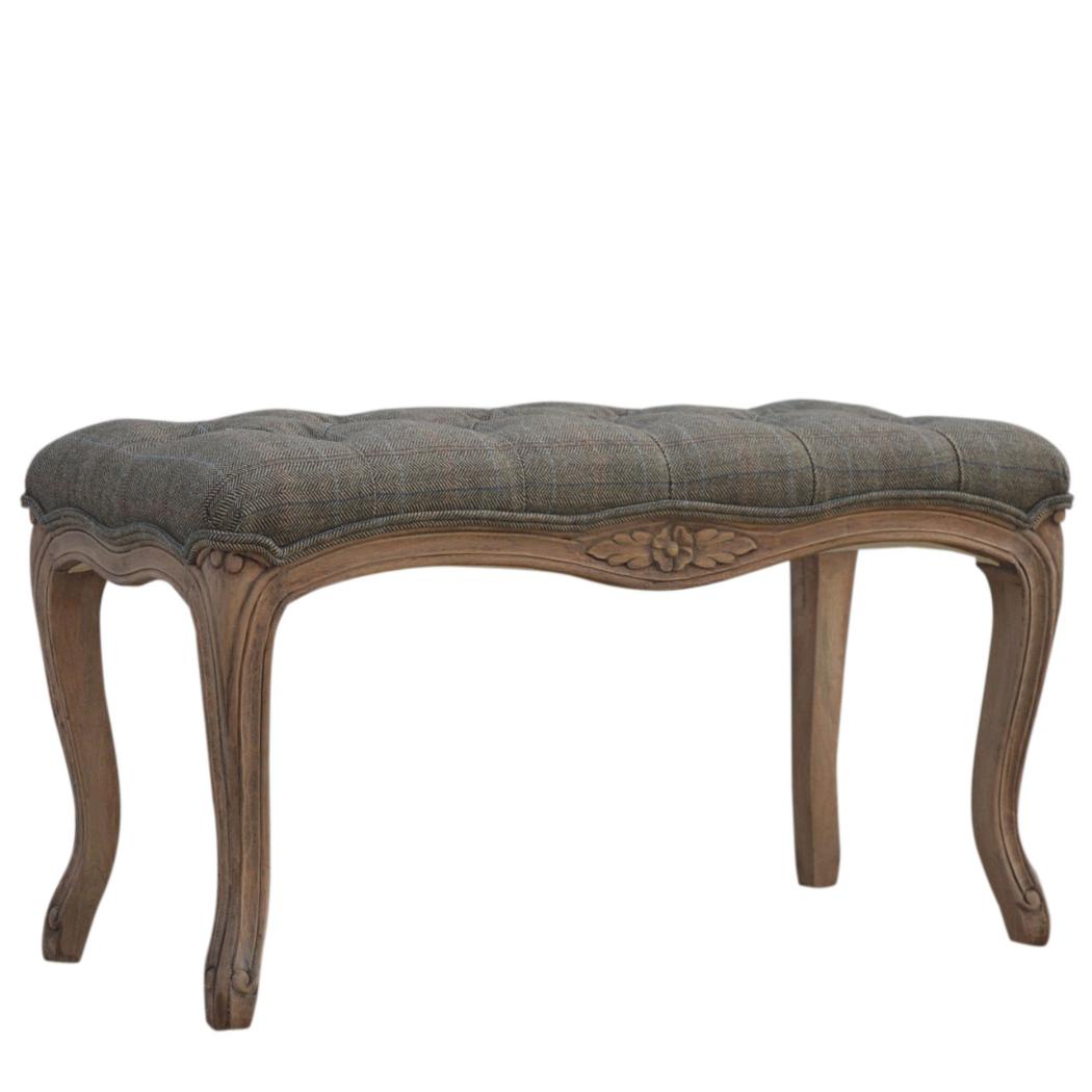 Multi Tweed Carved Bedroom Bench | Upholstered Seat | Decorative End-of-Bed Bench