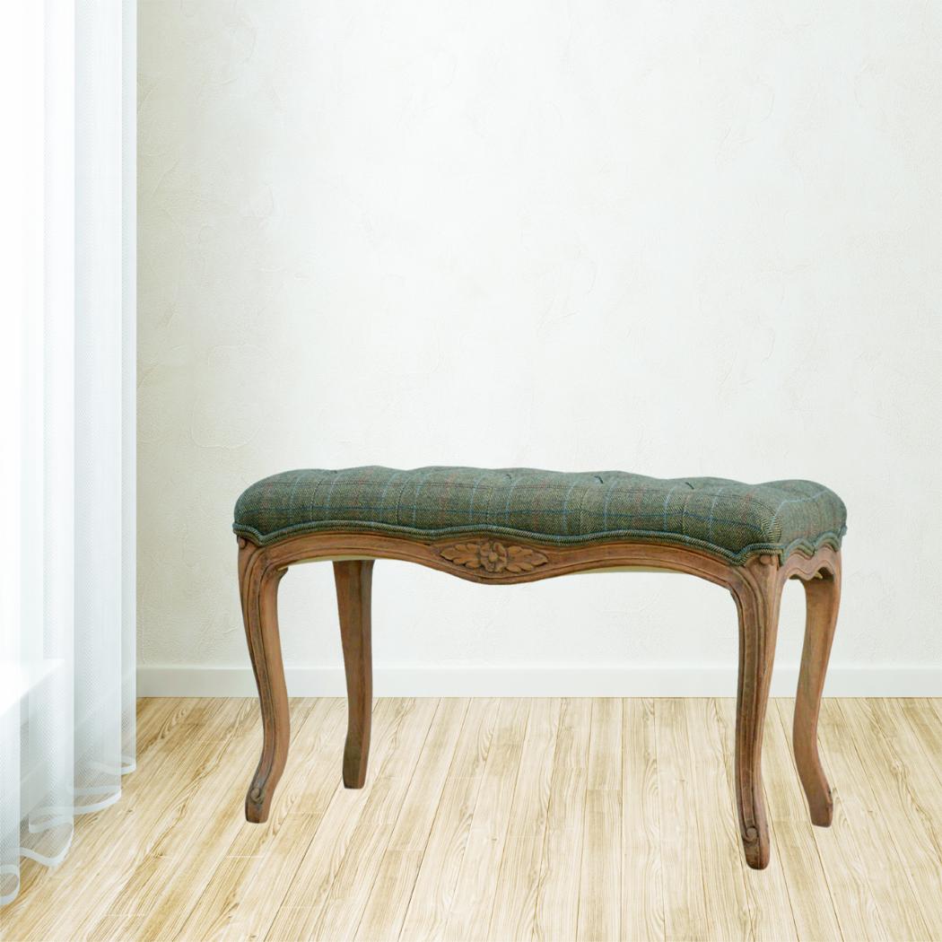 Multi Tweed Carved Bedroom Bench | Upholstered Seat | Decorative End-of-Bed Bench
