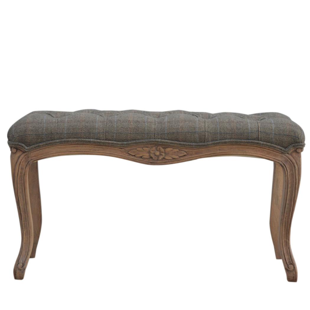 Multi Tweed Carved Bedroom Bench | Upholstered Seat | Decorative End-of-Bed Bench