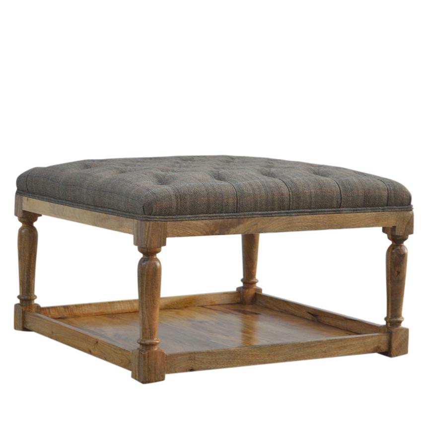 Multi Tweed Footstool | Lower Storage Shelf | Solid Mango Wood