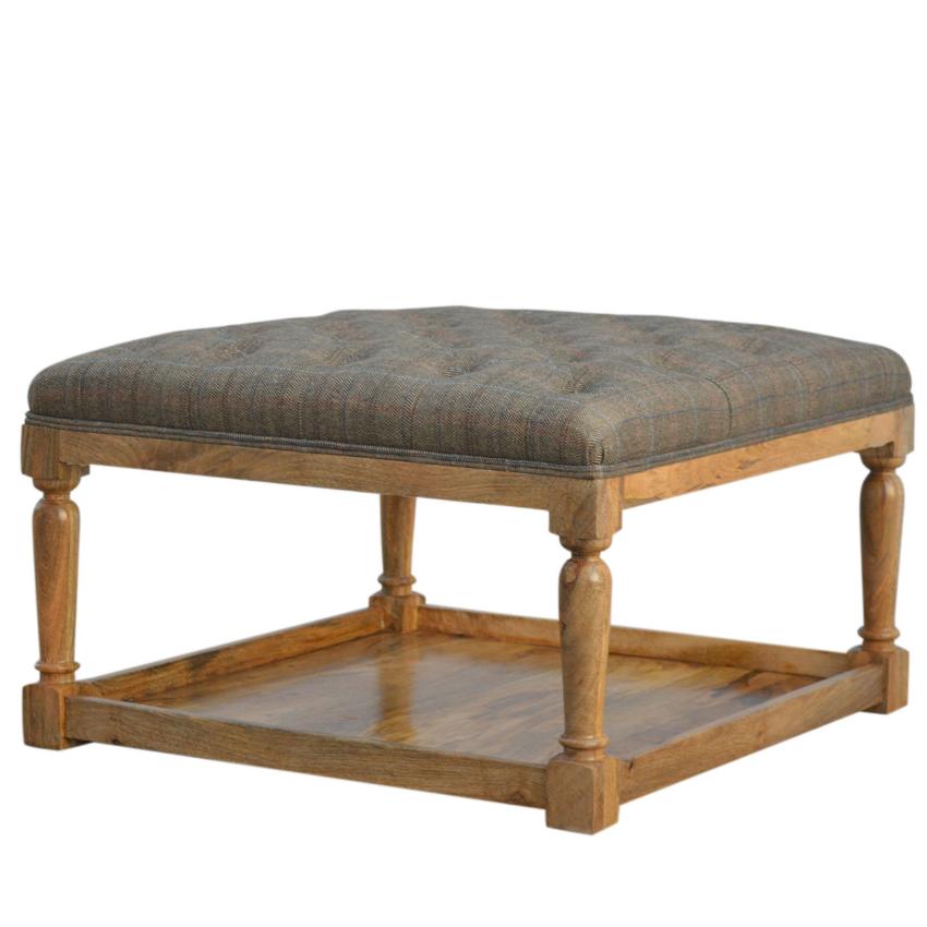Multi Tweed Footstool | Lower Storage Shelf | Solid Mango Wood