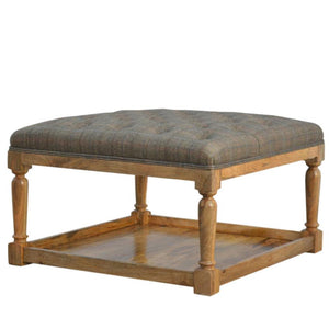 Multi Tweed Footstool | Lower Storage Shelf | Solid Mango Wood