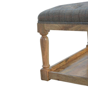 Multi Tweed Footstool | Lower Storage Shelf | Solid Mango Wood