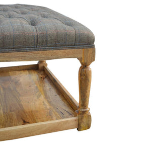 Multi Tweed Footstool | Lower Storage Shelf | Solid Mango Wood