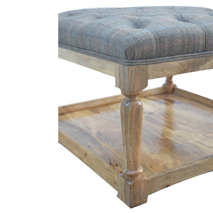 Multi Tweed Footstool | Lower Storage Shelf | Solid Mango Wood