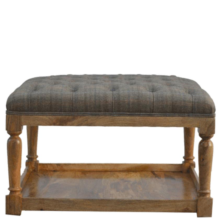 Multi Tweed Footstool | Lower Storage Shelf | Solid Mango Wood