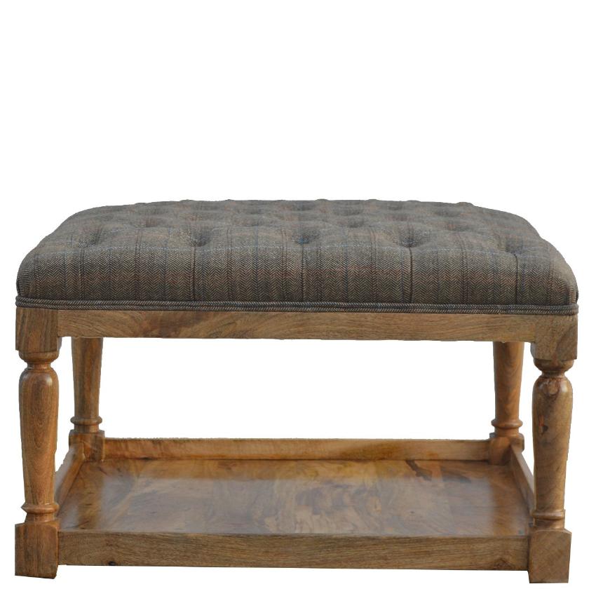 Multi Tweed Footstool | Lower Storage Shelf | Solid Mango Wood