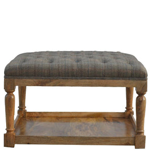 Multi Tweed Footstool | Lower Storage Shelf | Solid Mango Wood