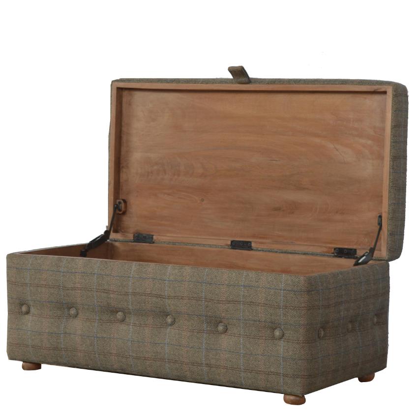 Multi Tweed Storage Ottoman | Buttoned Footstool | Solid Mango Wood