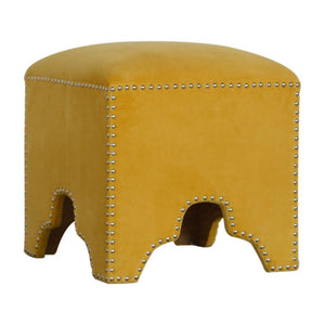 Mustard Velvet Studded Footstool | Cotton Velvet | Gold-Tone Nailhead Trim