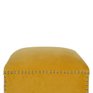 Mustard Velvet Studded Footstool | Cotton Velvet | Gold-Tone Nailhead Trim