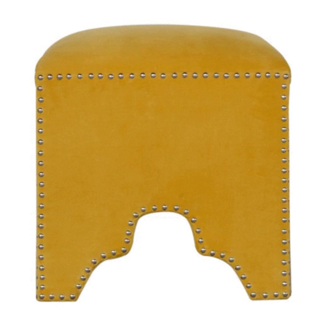Mustard Velvet Studded Footstool | Cotton Velvet | Gold-Tone Nailhead Trim