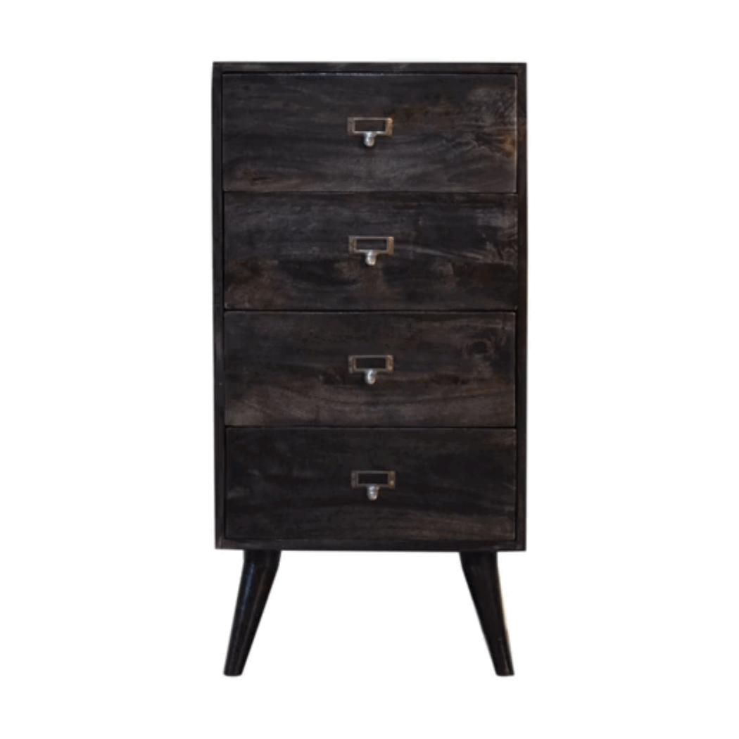 Noir Filing Cabinet | Solid Mango Wood | Ash Black Finish | Labelled Storage Drawers