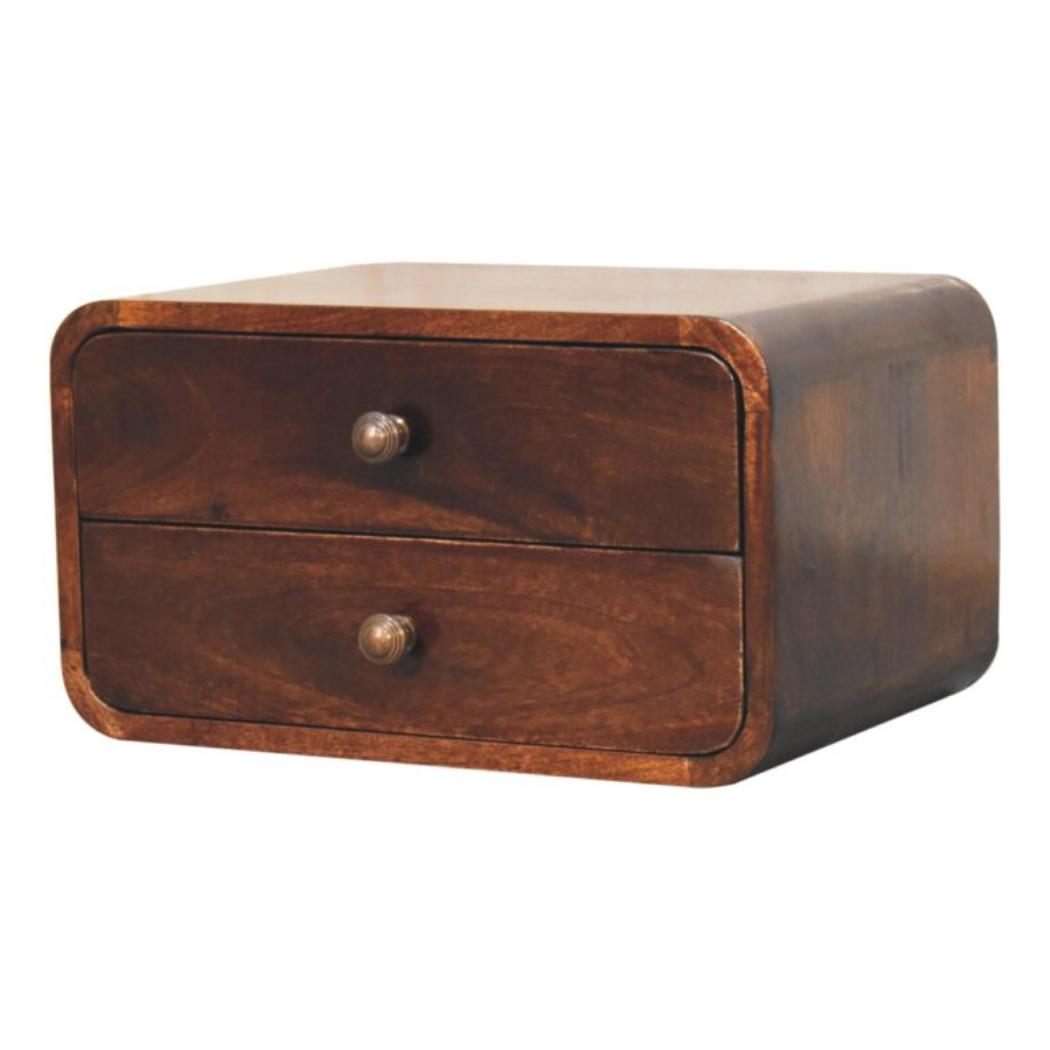 Nola Floating Bedside Table | Solid Mango Wood | California Walnut Finish | 2 Drawer Wall-Mounted Nightstand