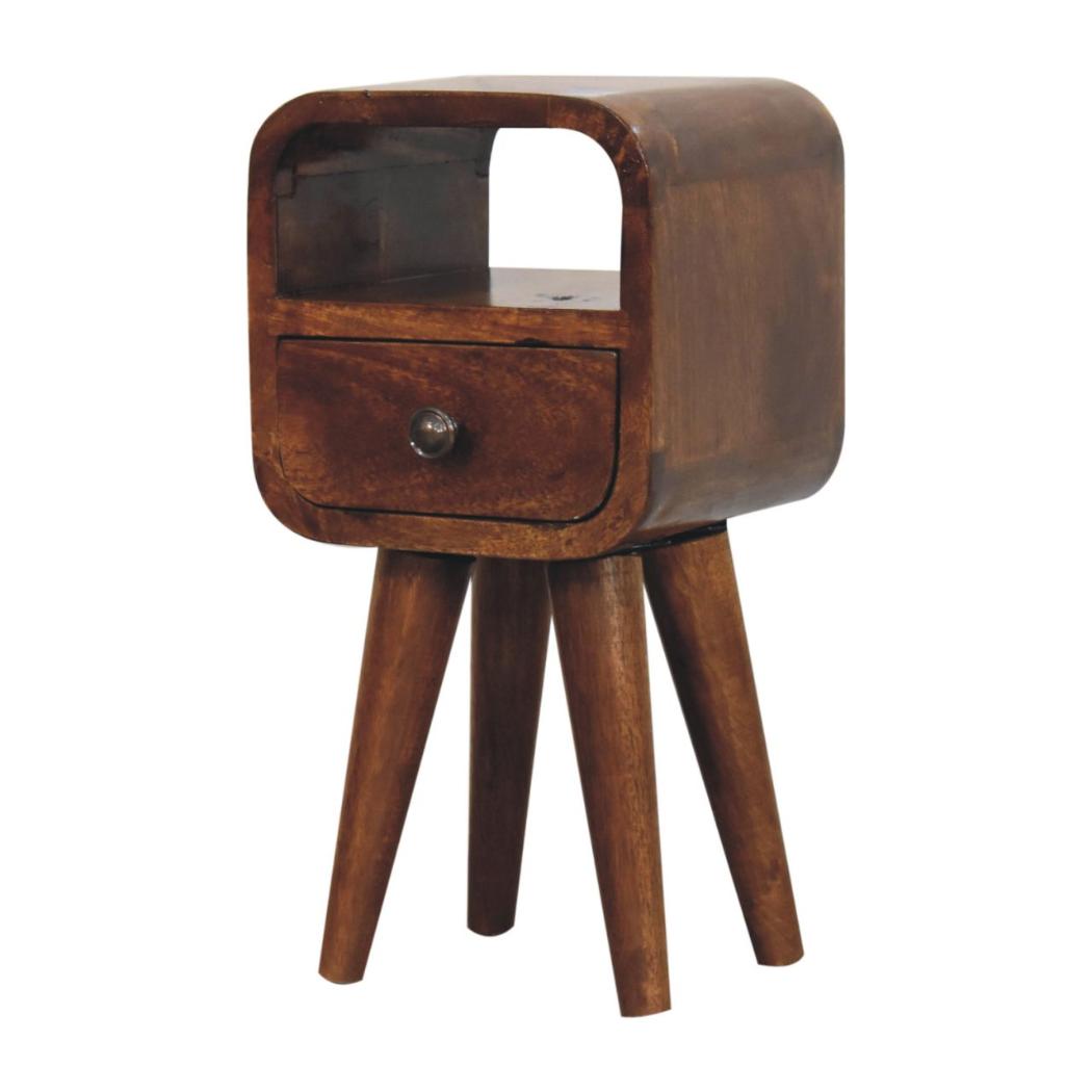 Noma Extra Mini Bedside Table | Solid Mango Wood | Chestnut Finish | 1 Drawer & Open Shelf