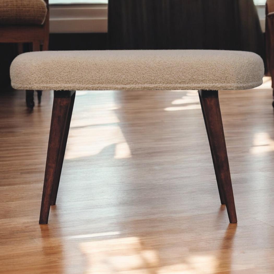 Nordic Bench | Solid Mango Wood | Honey Caramel Finish | Cream Bouclé Upholstered Seat