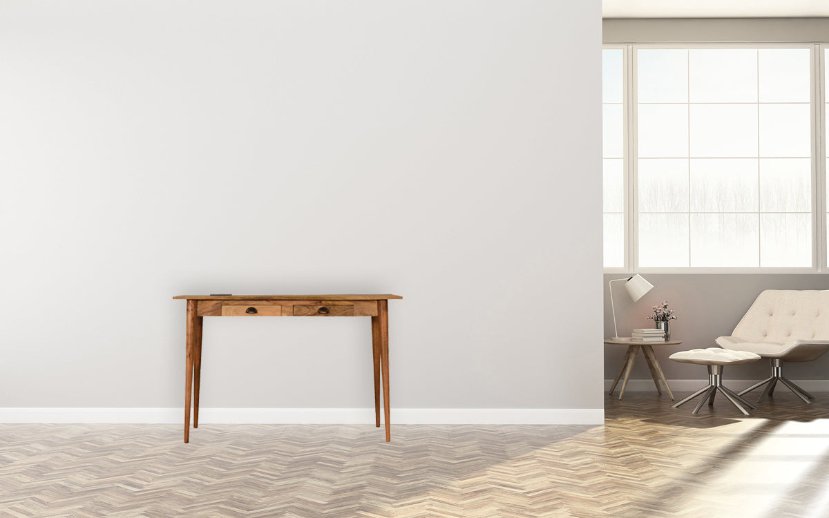 Nordic Cable Writing Desk | Solid Mango Wood | Oak Finish | 2 Drawer Home Office Desk