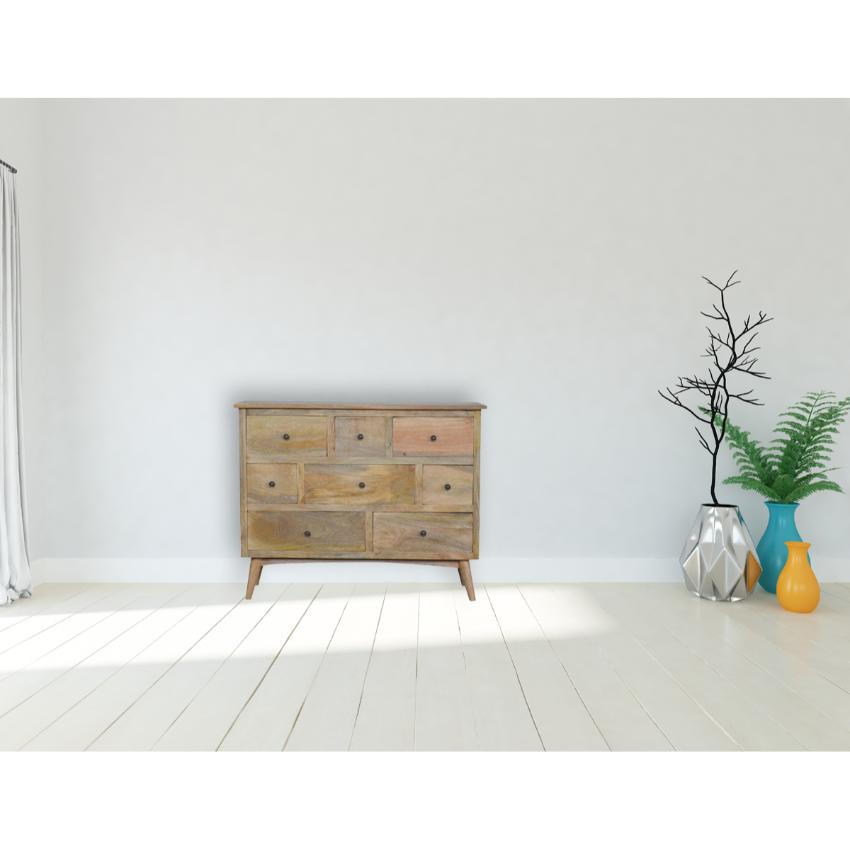 Nordic Chest of Drawers | Solid Mango Wood | Oak Finish | 8 Drawer Storage Dresser