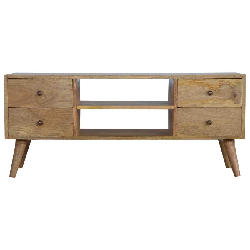 Nordic Mango Wood Entertainment Unit | 4 Drawers | Open Centre Shelves
