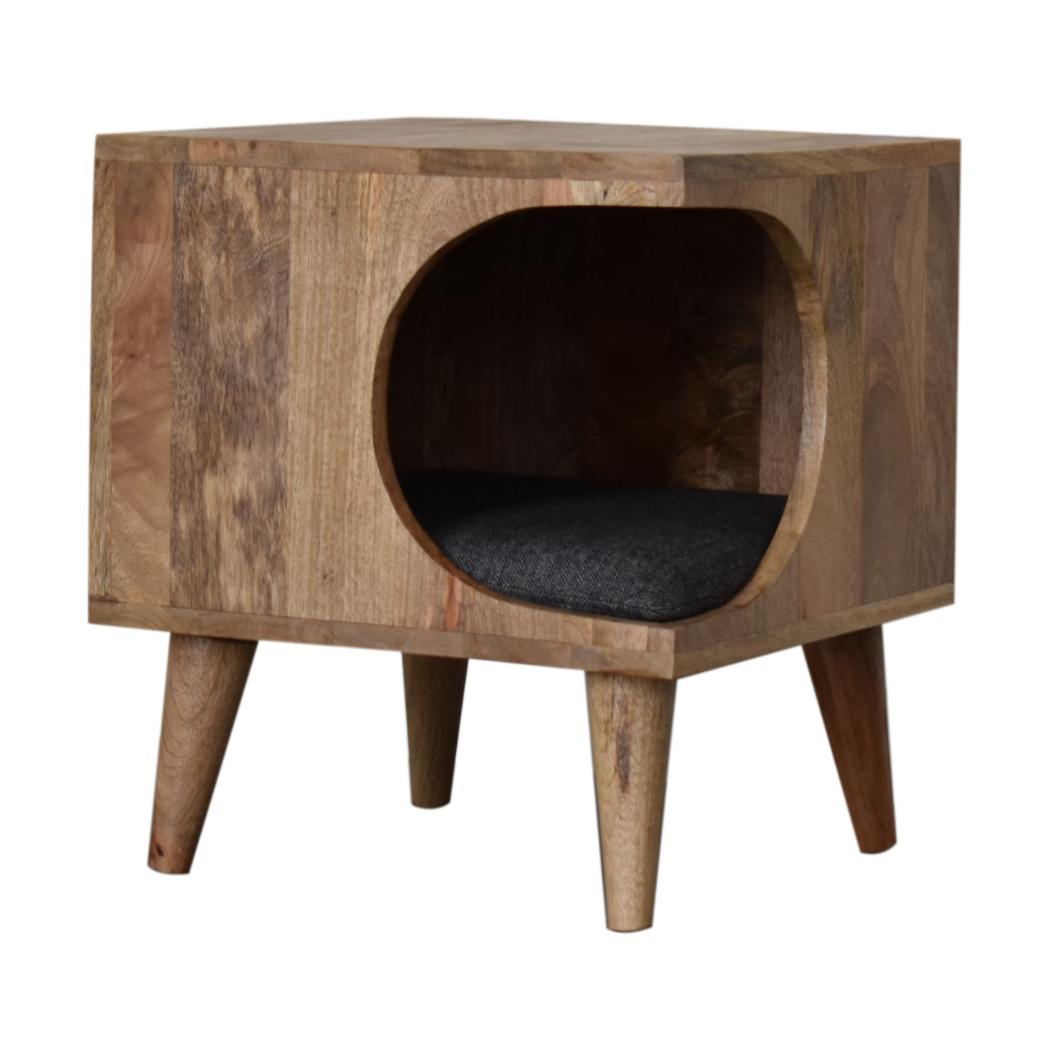 Nordic Nook Pet Bed | Solid Mango Wood | Oak Finish | Black Tweed Cushion