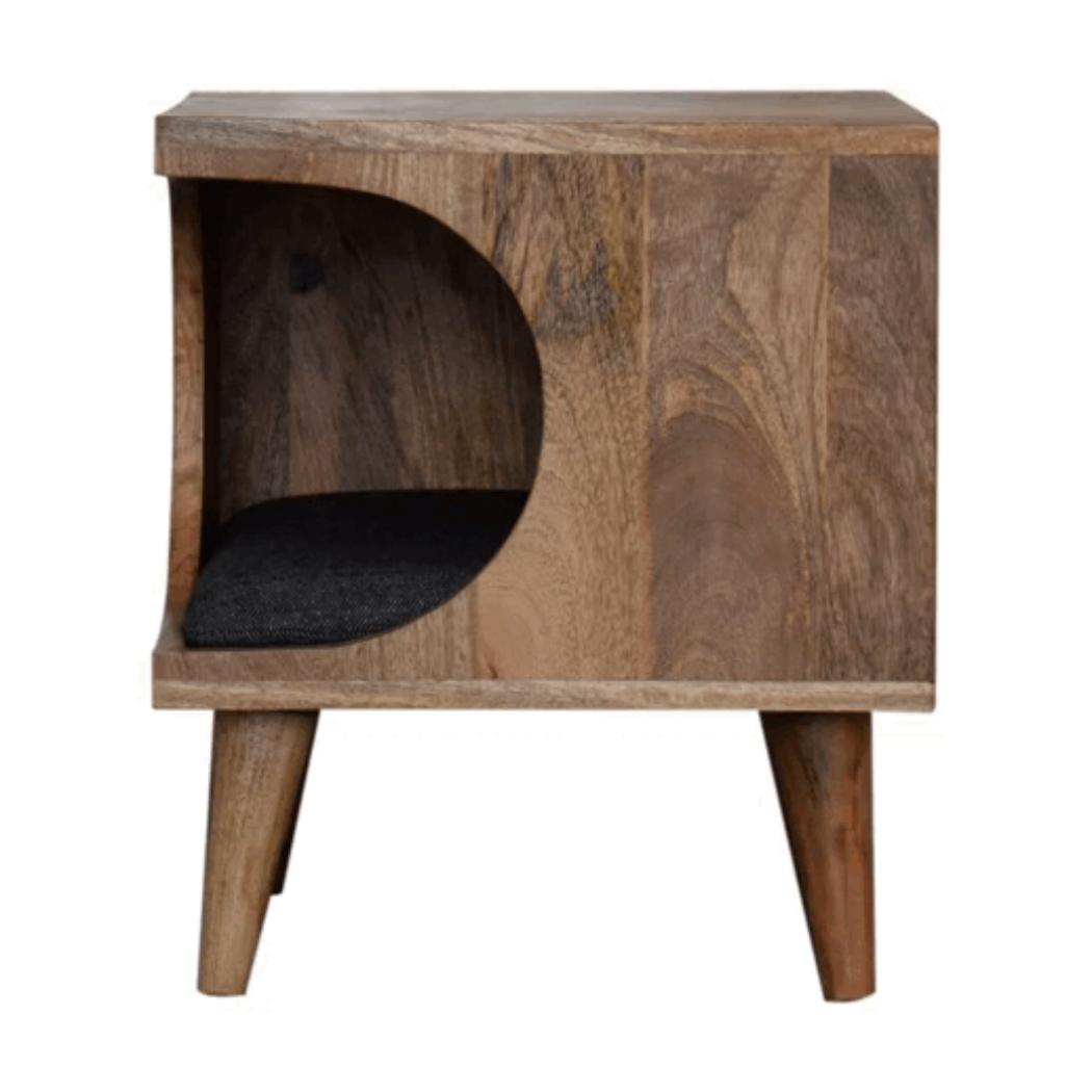 Nordic Nook Pet Bed | Solid Mango Wood | Oak Finish | Black Tweed Cushion