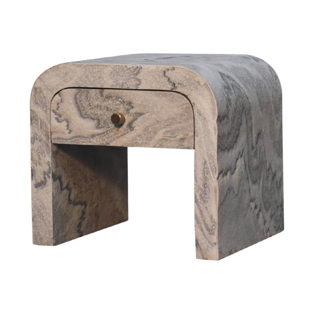 Nouveau Marble Effect Bedside Table | Solid Mango Wood | Oak-Ish Interior | 1 Drawer